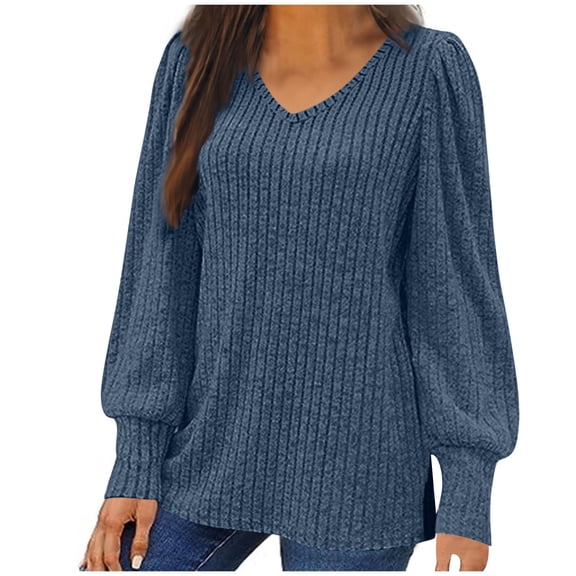 Hvyesh Womens Plus Size Knit Sweaters V Neck Puff Long Sleeve Shirts Loose Casual Tunic Tops Fall Fashion Sweaters Pullover Blouses