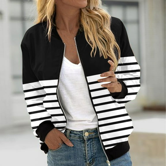 Hvyesh Womens Plus Size Stripe Bomber Jacket Casual Long Sleeve Zip Up Coat Moto Biker Jackets Outerwear Windbreaker with Pockets Black