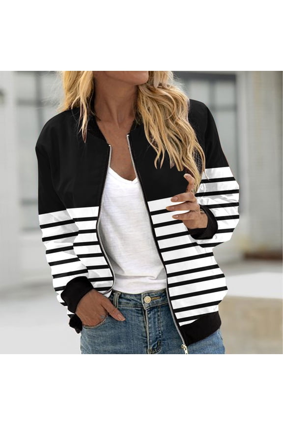 Womens Plus Size Stripe Bomber Jacket Casual Long Sleeve Zip Up Coat Moto Biker Jackets Outerwear Windbreaker with Pockets Black