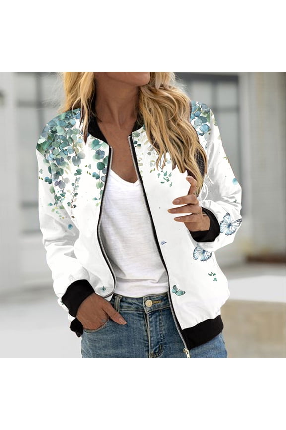 Womens Plus Size Stripe Bomber Jacket Casual Long Sleeve Zip Up Coat Moto Biker Jackets Outerwear Windbreaker with Pockets Blue