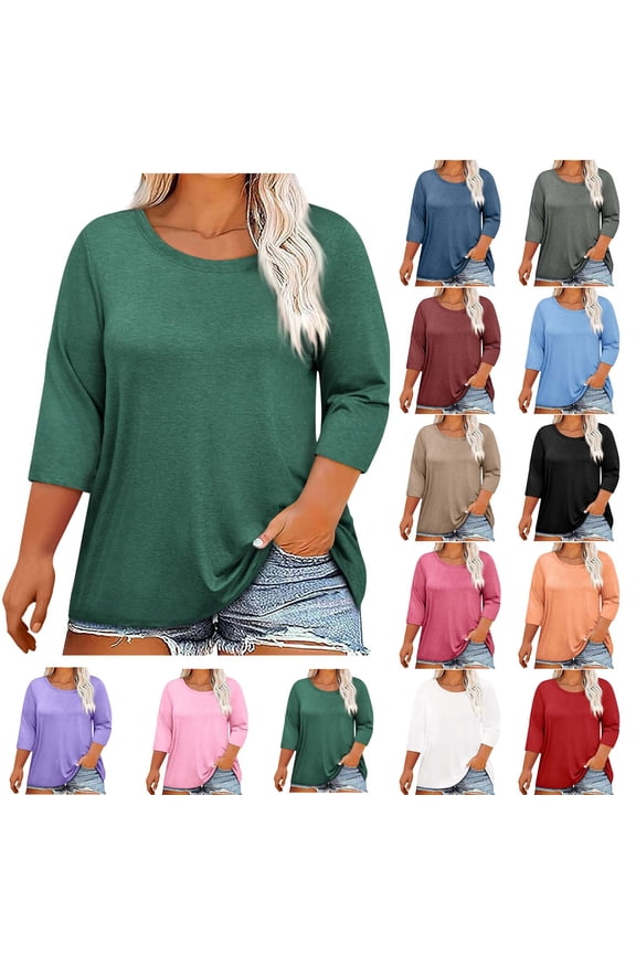 Womens Plus Size Tops 3/4 Sleeve Blouses Shirts Casual Round Neck Loose Tunic Tops Solid Color Summer Tops Pullover 1X-5X
