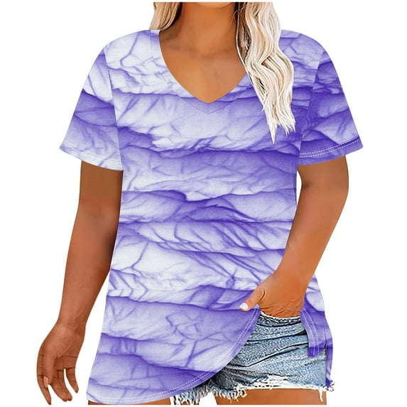 Hvyesh Womens Plus Size Tops Dressy Tie Dye Short Sleeve Shirts V Neck Tunic Blouses Going Out Blouses