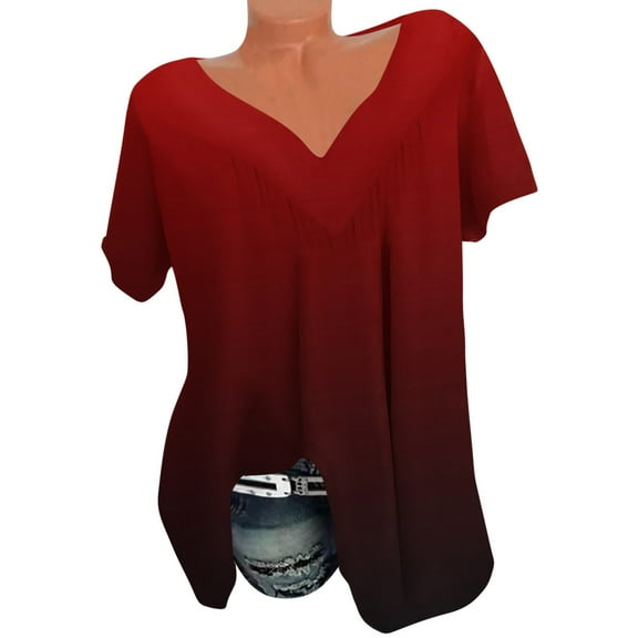 Hvyesh Womens Plus Size Tops Lightweight V Neck Pleated Tunic Tops Casual Loose Print Tee Shirts Blouses