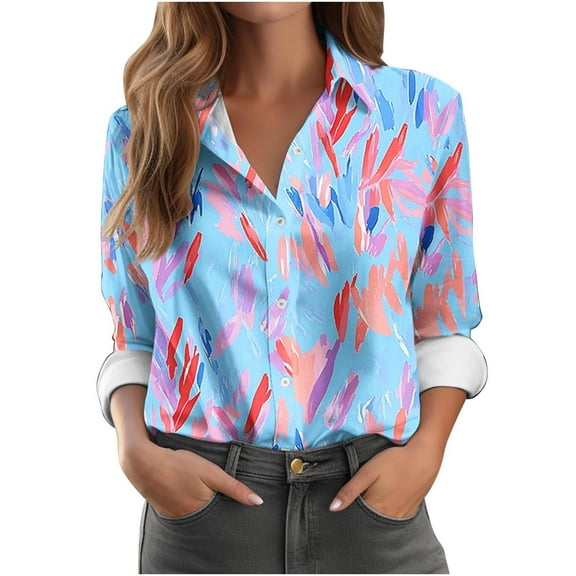 Hvyesh Womens Print Button Down Shirts Long Sleeve Tunic Tops Casual Collared Blouses Loose Fit Hawaiian Shirt