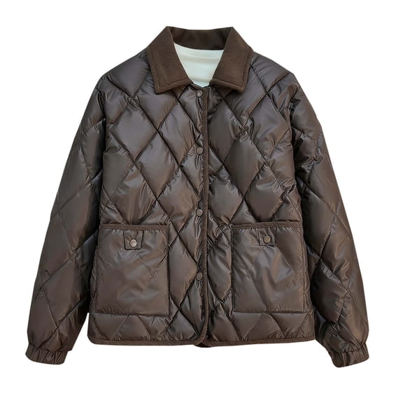 Hvyesh Womens Quilted Puffer Jacket Warm Zip Up Puffer Coat Lapel Long-Sleeve Padded Jackets Outdoor Work Winter Coat with Pockets Coffee XL