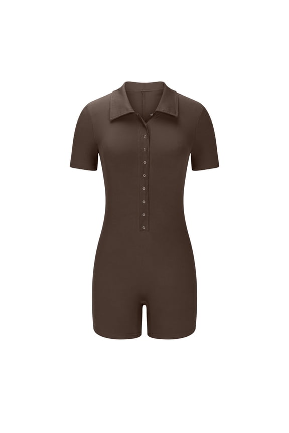 Womens Rompers Ribbed Short Sleeve Zip Front Bodysuit Stretch Tummy Control Yoga Workout Rompers