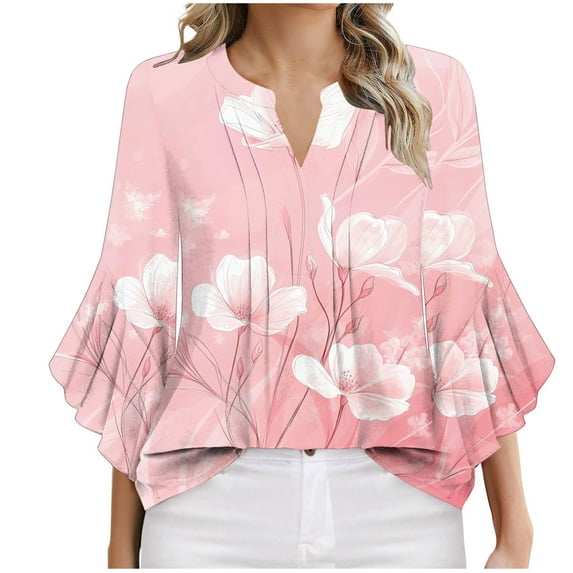 Hvyesh Womens Ruffle 3/4 Length Sleeve Tops Summer V Neck Tie Dye Blouses V-Neck Dressy Floral Print Tunic Tops