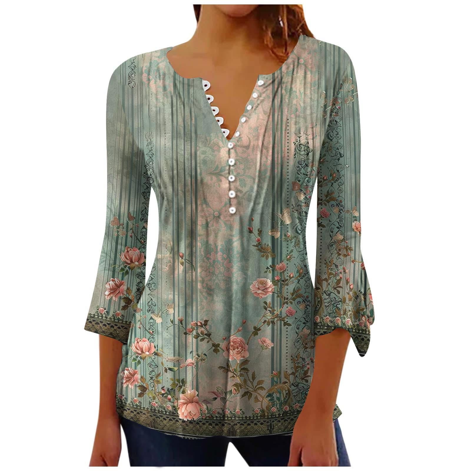 Button Down 3/4 Sleeve Top in Tulips