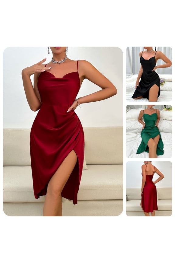 Womens Satin Drape Cowl Neck Nightgowns Sleeveless Strappy Sleepshirt Cami Split Slit Party Midi Dress Sleepwear