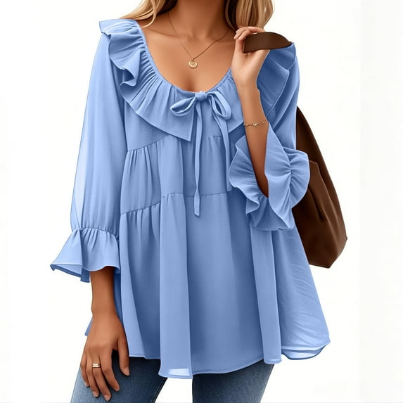 Hvyesh Womens Scoop Neck 3/4 Length Sleeve Tops Casual Tie Front Ruffle Tiered Blouse Flowy Three Quarter Sleeve Tunic Tops Going Out Tops for Women