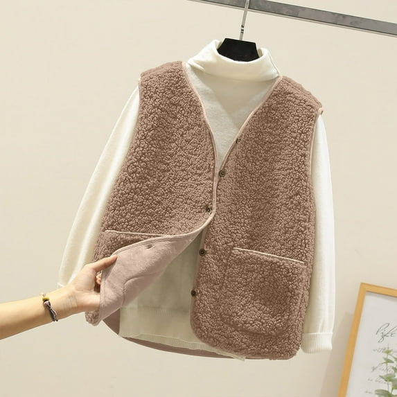 Hvyesh Womens Sherpa Fleece Vest V Neck Button Down Sleeveless Fuzzy Gilet Plus Size Fall Outerwear Khaki,5XL