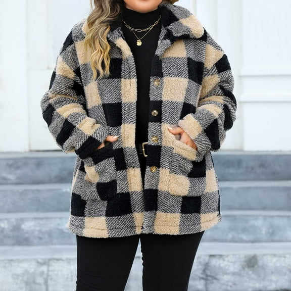 Hvyesh Womens Sherpa Lined Coat Fleece Plaid Shirt Jacket Zip Up Lapel Winter Coat Regular Fit Long Sleeve Plush Jackets Outwear