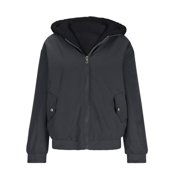 Hvyesh Womens Sherpa Lined Jacket Cozy Zip Up Hooded Puffer Jacket Winter Solid Padded Coat Warm Shacket