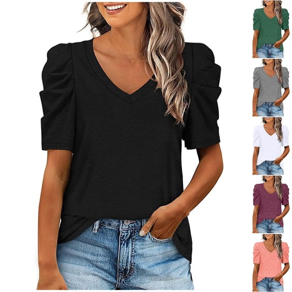 Hvyesh Womens Short Sleeve Shirts Trendy V Neck Tunic Tops Slim Fit Puff Sleeve Blouses Dressy Casual