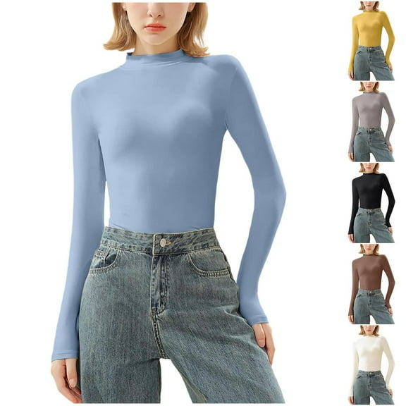 Hvyesh Womens Slim Fitted Mock Turtleneck Tops Long Sleeve Lightweight Base Layer Shirts Trendy Y2K Streetwear Tshirts