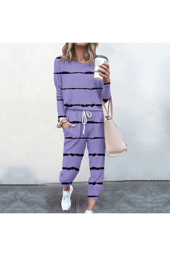 Womens Stripe Two Piece Outfits Long Sleeve Crewneck Pullover Tops and Long Pants Tracksuit 2 Piece Sets Summer Fashion 2025