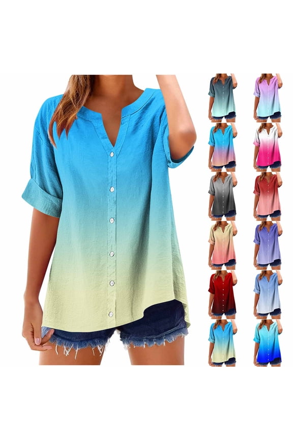 Womens Summer Cotton Lined Shirts Gradient Color Short Sleeve Tunic Tops Oversized Tshirts V Neck Blouses Tops