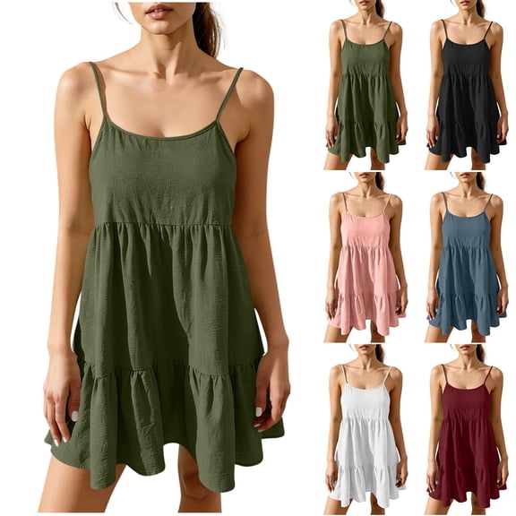 Hvyesh Womens Summer Dresses Spaghetti Strap Flowy Boho Dress Lightweight Beach Sundresses 2026 Cute Ruffle Swing Dresses