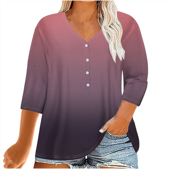 Hvyesh Womens Summer Plus Size Tops Casual 3/4 Sleeve Button V Neck Shirts Business Dressy Work Tunic Blouses