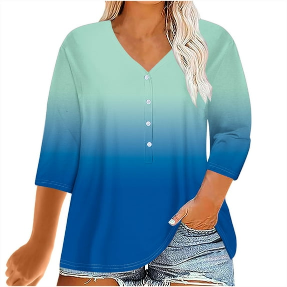 Hvyesh Womens Summer Plus Size Tops Casual 3/4 Sleeve Button V Neck Shirts Business Dressy Work Tunic Blouses