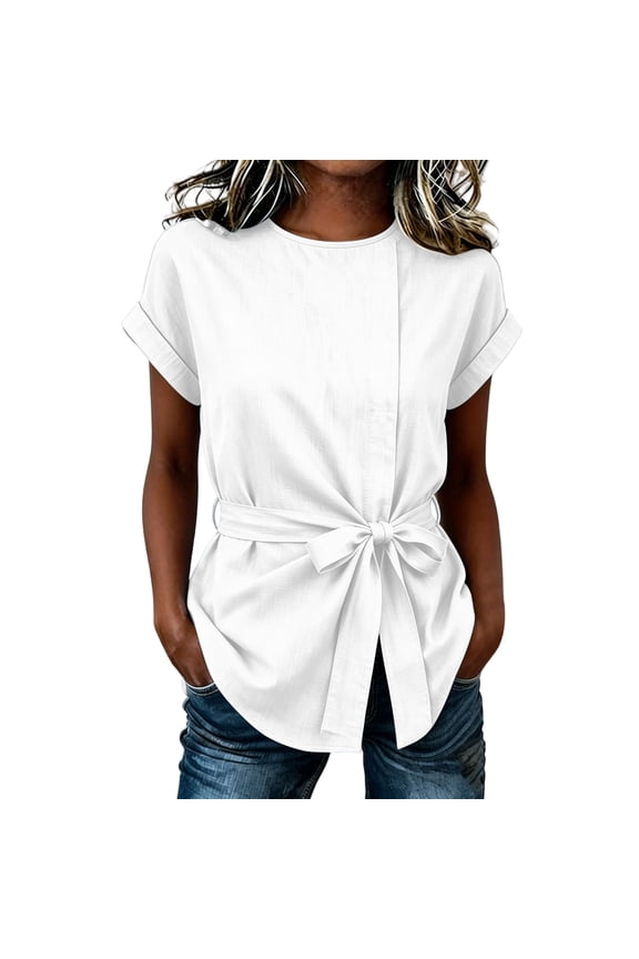 Womens Summer Short Sleeves Tops Crewneck Tie Front Top Fashion Going Out Shirt