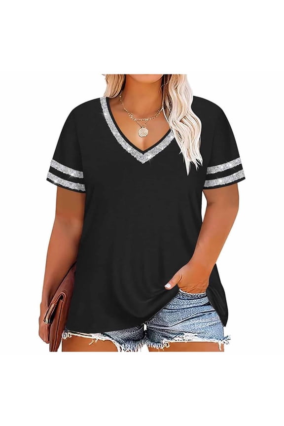Womens Summer T-Shirts Short Sleeve V Neck Tunic Tops Loose Fit Stripe Shirts Spring Fashion