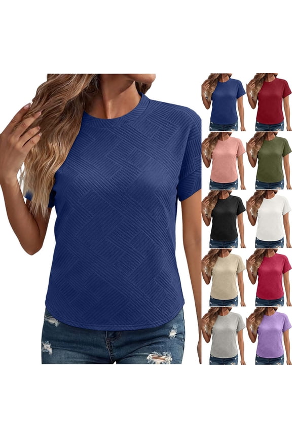 Womens Summer Tops Crewneck Short Sleeve Tshirt Dressy Casual Business Textured Solid T Shirts Work Blouses