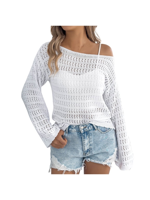 Womens Sweaters Lightweight Casual Long Sleeve Loose Crochet Hollow Out Knit Pullover Tops