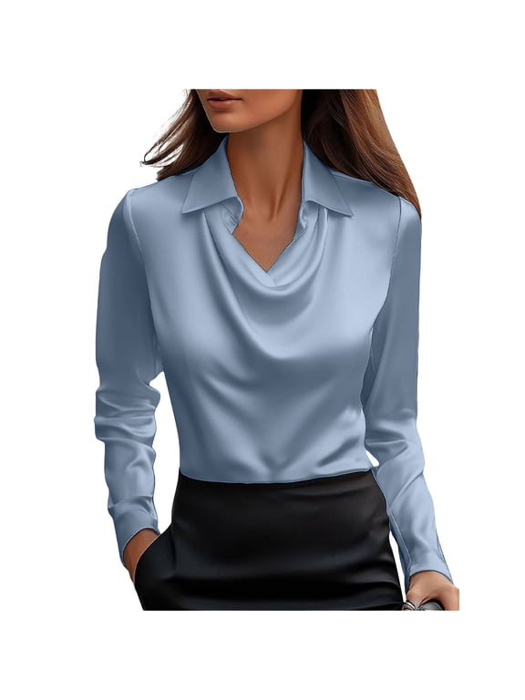 Womens Tops Draped Cowl Neck Tunic Shirts Satin Silk Long Sleeve Tops Dressy Office Business Work Shirt Elegant Blouse