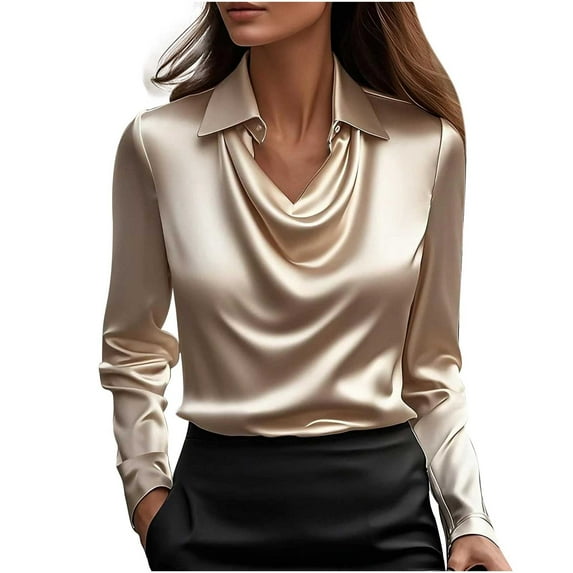 Hvyesh Womens Tops Draped Cowl Neck Tunic Shirts Satin Silk Long Sleeve Tops Dressy Office Business Work Shirt Elegant Blouse