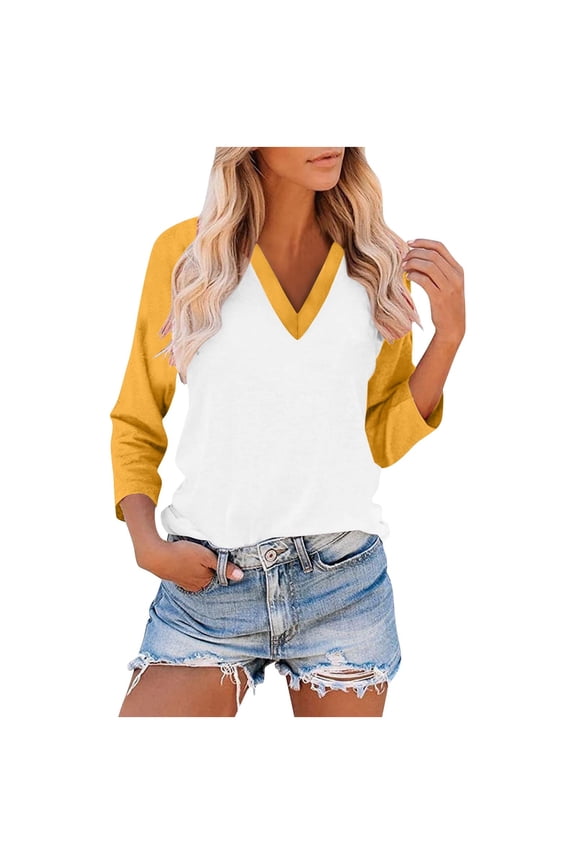 Womens V Neck 3/4 Sleeve T Shirts Casual Raglan Shirts Summer Color Block Tees Shirts Loose Fit Tunic Tops Fall Pullover