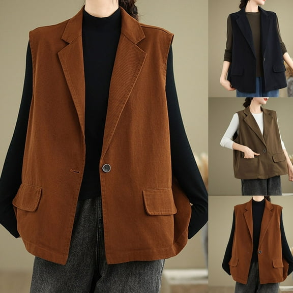 Hvyesh Womens Vest Lightweight Cotton Cardigan Coats Summer Sleeveless V Neck Blazer Vest Lightweight Work Casual Waistcoat with Pocket
