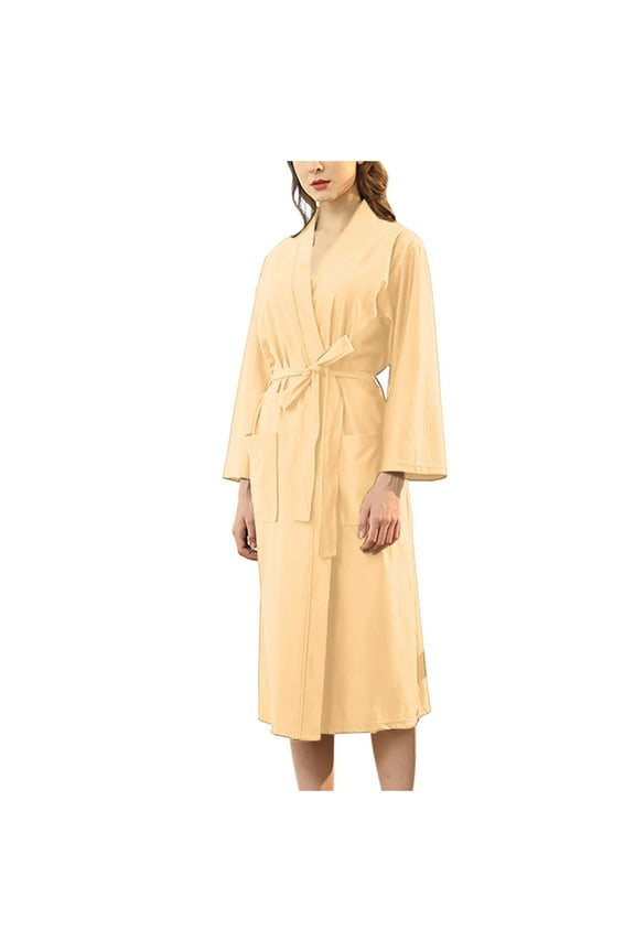 Womens Waffle Robe Waffle Long Sleeve Bathrobe with Belted and Pockets Lightweight Housecoat