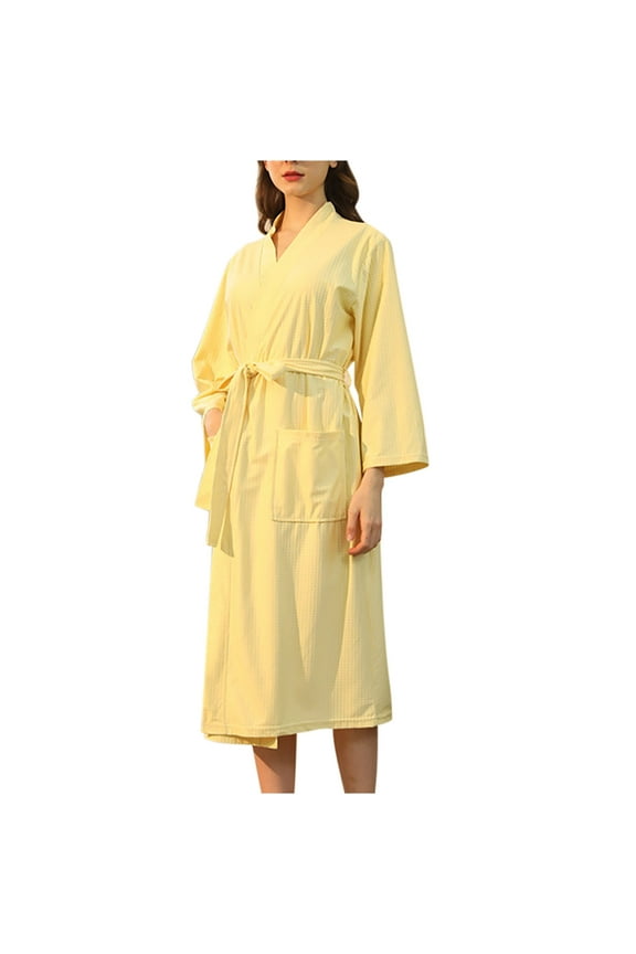 Womens Waffle Robe Waffle Long Sleeve Bathrobe with Belted and Pockets Lightweight Housecoat