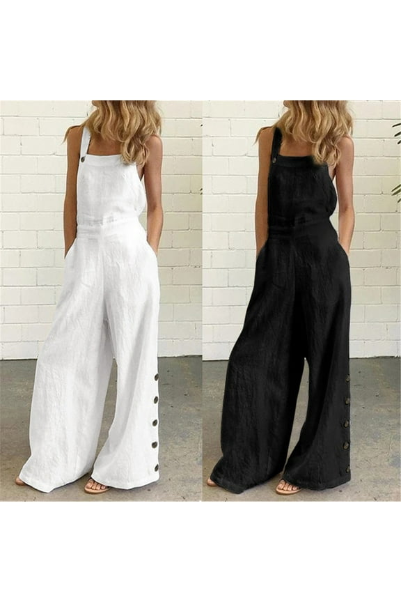 Womens Wide Leg Casual Jumpsuits Loose Fit Solid Overalls Casual Buttons Sleeveless Bib Outfits