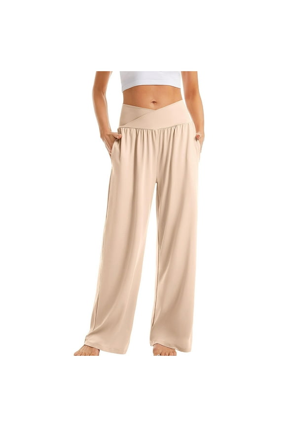Womens Wide Leg Pants Plus Size Crossover High Waist Lounge Long Pants Summer Sports Yoga Pants Classic Pajama Pants