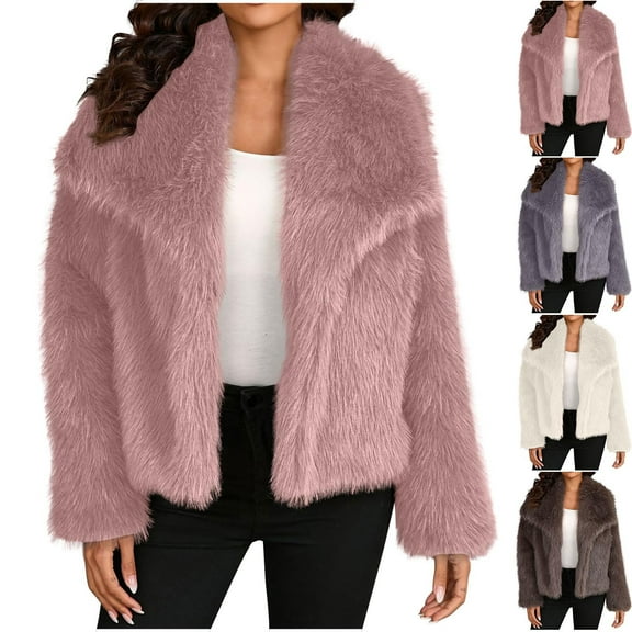 Hvyesh Womens Winter Coats 2025 Trendy Long Sleeve Furry Faux Fur Jackets Warm Lapel Solid Crooped Jacket Outwear with Pockets