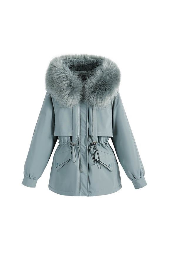 Womens Winter Coats Warm Heavy Thickened Puffer Jackets Trendy Drawstring Windproof Outerwear Cozy Padded Jacket With Faux Fur Hood