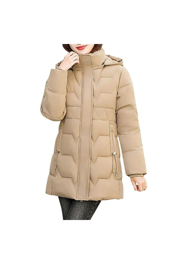 Womens Winter Puffer Coats Warm Quilted Hood Jacket Regular Fit Long Sleeve Padded Coat Thermal Outdoor Jackets with Pockets