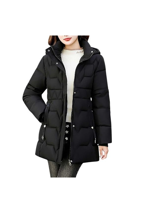 Womens Winter Puffer Coats Warm Quilted Hood Jacket Regular Fit Long Sleeve Padded Coat Thermal Outdoor Jackets with Pockets