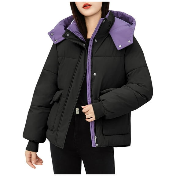 Hvyesh Womens Winter Puffer Jacket Warm Quilted Hooded Jackets Comfy Stand Collar Zip Up Padded Coat Thermal Outdoor Coat with Pockets
