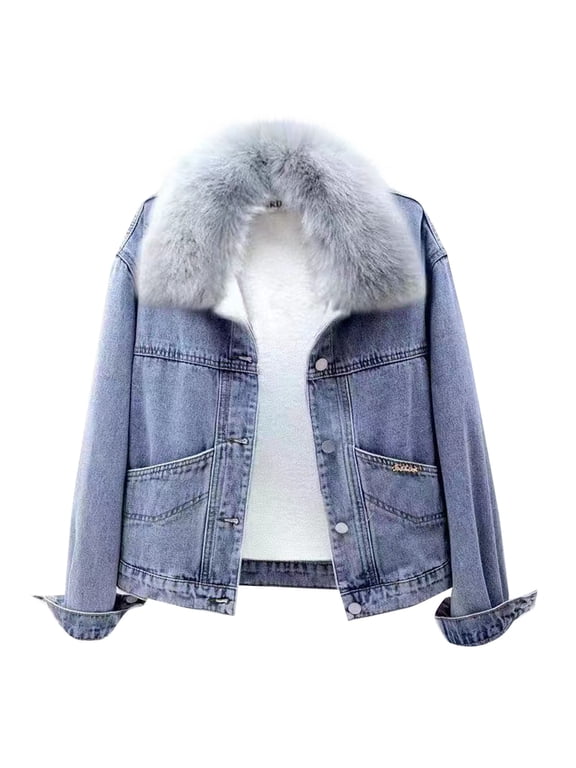 Womens Winter Warm Jean Jacket Faux Fur Collar Liner Sherpa Denim Coats Thicker Outerwear with Pockets