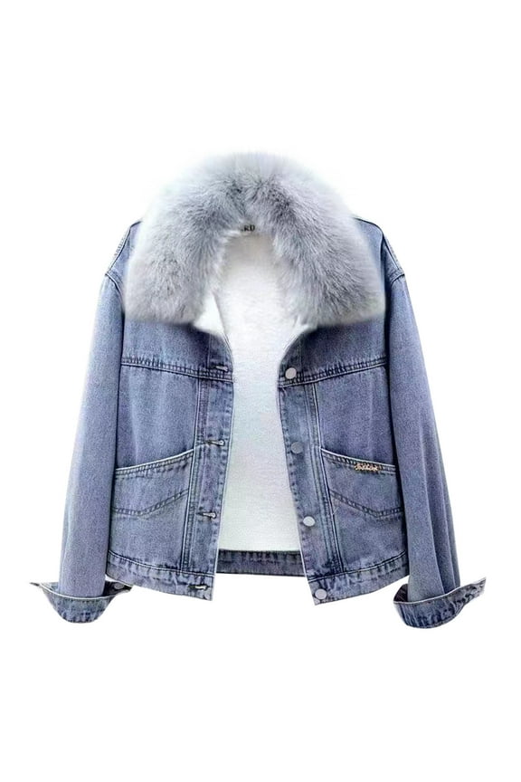Womens Winter Warm Jean Jacket Faux Fur Collar Liner Sherpa Denim Coats Thicker Outerwear with Pockets