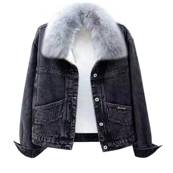 Hvyesh Womens Winter Warm Jean Jacket Faux Fur Collar Liner Sherpa Denim Coats Thicker Outerwear with Pockets