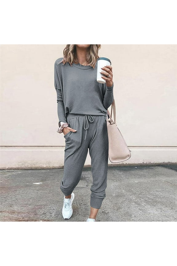 Womens Workout 2 Piece Lounge Sets Long Sleeve Tops Drawstring Pants Outfits Casual Pajama Set Tracksuit