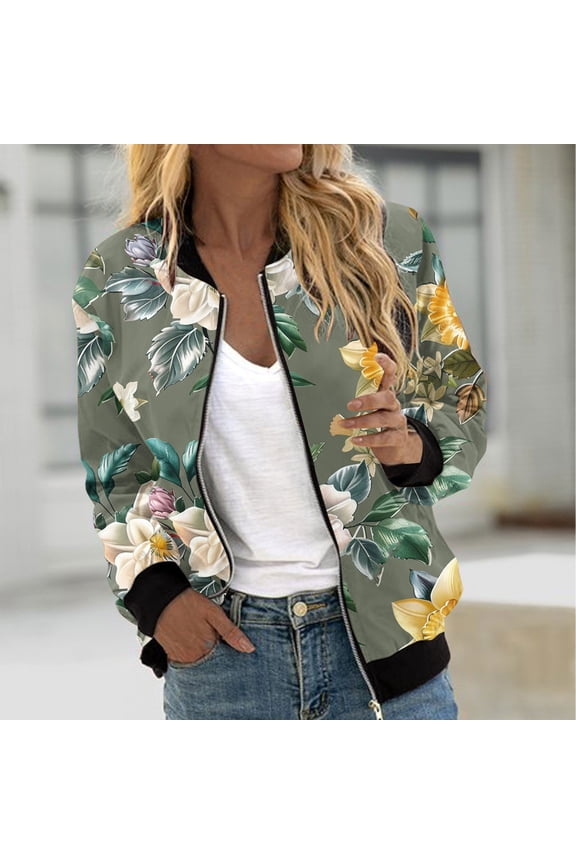 Womens Zipper Bomber Jackets Fall Plus Size Floral Print Jackets Regular Fit Long Sleeve Moto Biker Coats with Pockets Army Green