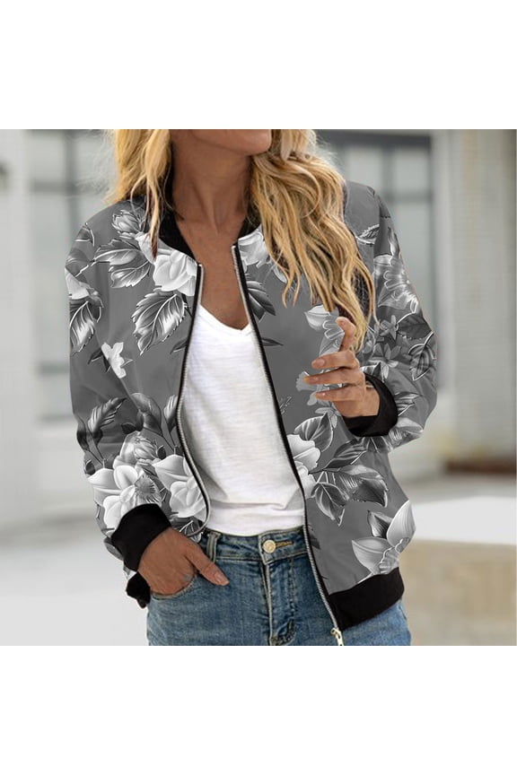 Womens Zipper Bomber Jackets Fall Plus Size Floral Print Jackets Regular Fit Long Sleeve Moto Biker Coats with Pockets Gray