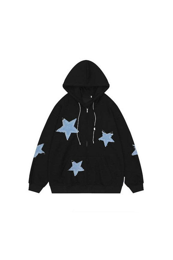 Zip Up Hoodies for Women Oversized Star Graphic Sweatshirt Casual Long Sleeve Sweatshirts Lightweight Hooded Jacket with Pocket