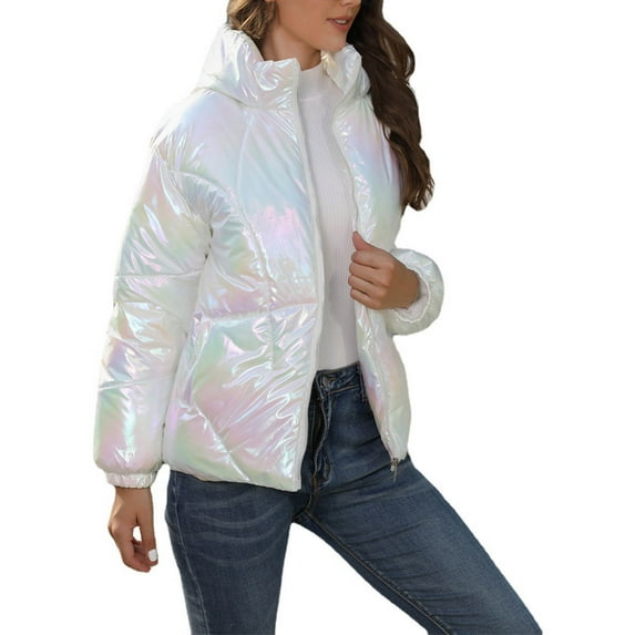Hvyesy Shiny Puffer Jacket for Women Zipper Hoodies Outwear Coats 2025 Winter Cropped Padded Jacket Teen Girl Warm Puffer Coat