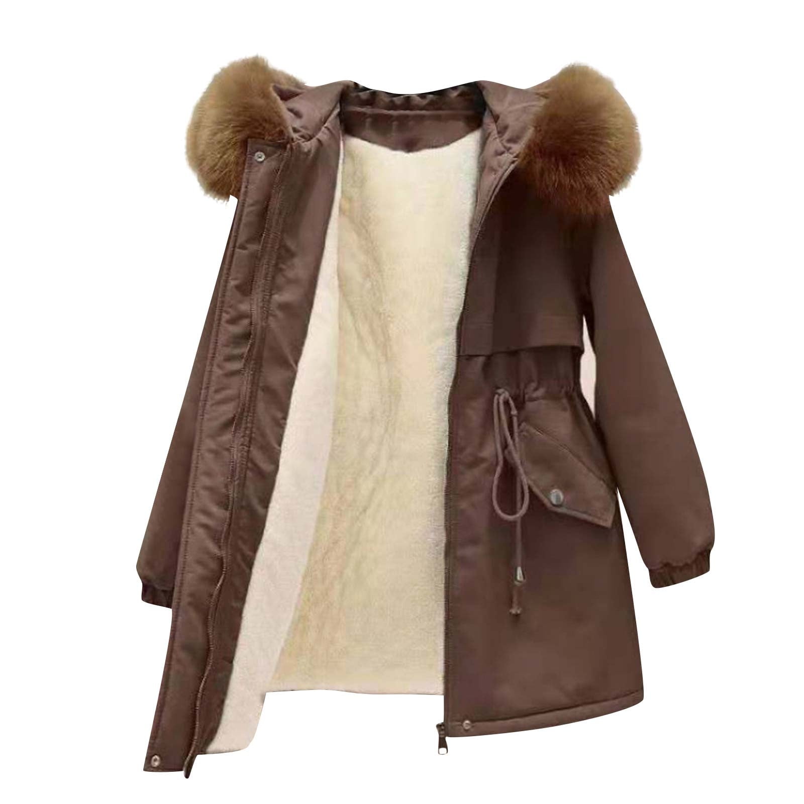 Hvyesy Women Fleece Puffer Coat Winter Faux Fur Hood Drawstring ...